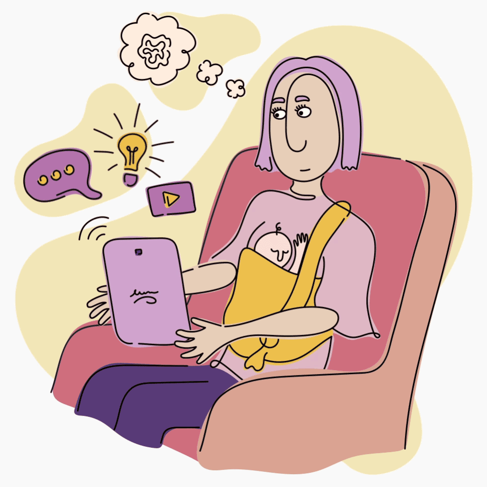 Kvinde sidder i lænestol med et sovende spædbarn i en bæresele på maven. Hun tænker imens hun holder en ipad.